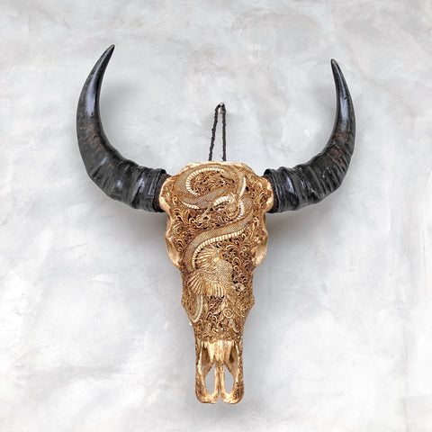 Dragon Phénix | Crâne de Buffle Sculpté à la Main