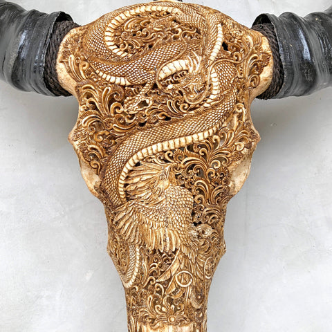 Dragon Phénix | Crâne de Buffle Sculpté à la Main