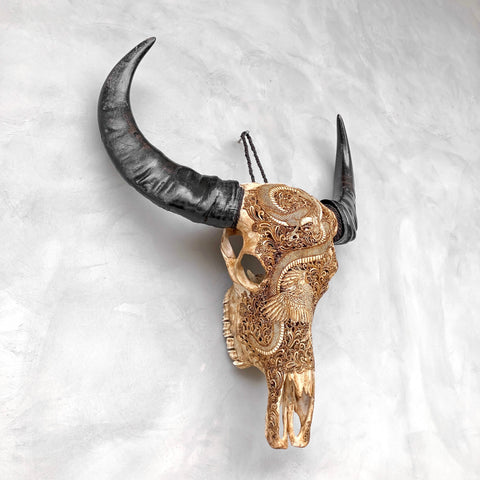 Dragon Phénix | Crâne de Buffle Sculpté à la Main