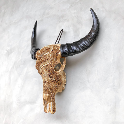 Dragon Phénix | Crâne de Buffle Sculpté à la Main