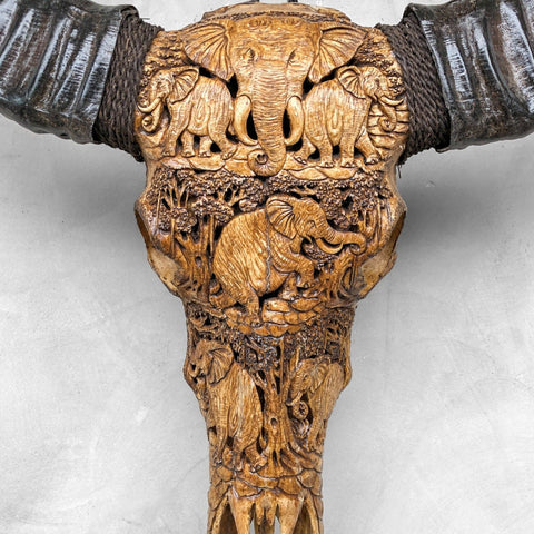 Troupeau d'éléphants | Crâne de Buffle Sculpté à la Main