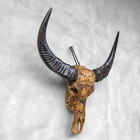 Troupeau d'éléphants | Crâne de Buffle Sculpté à la Main