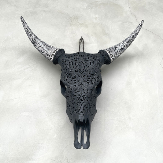 Mandala Étoilé | Crâne de Vache Sculpté à la Main