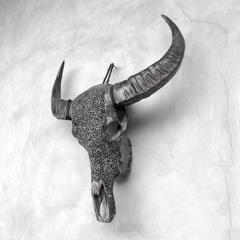 Fougères Détaillées | Crâne de Buffle Sculpté à la Main