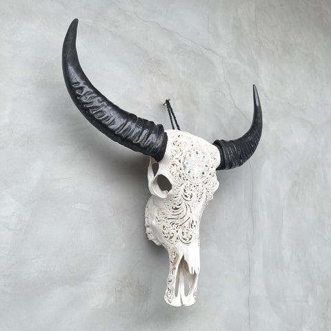 Paon et Ormeaux | Crâne de Buffle Sculpté à la Main