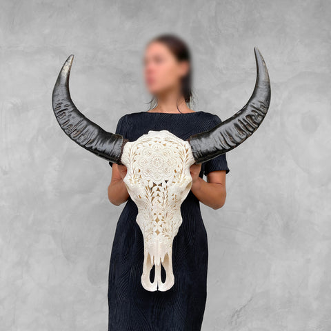 Guerrier Des Fleurs Sauvages | Crâne de Buffle Sculpté à la Main
