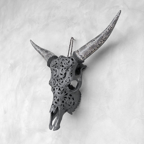 Feuille Boho | Crâne de Vache Sculpté à La Main