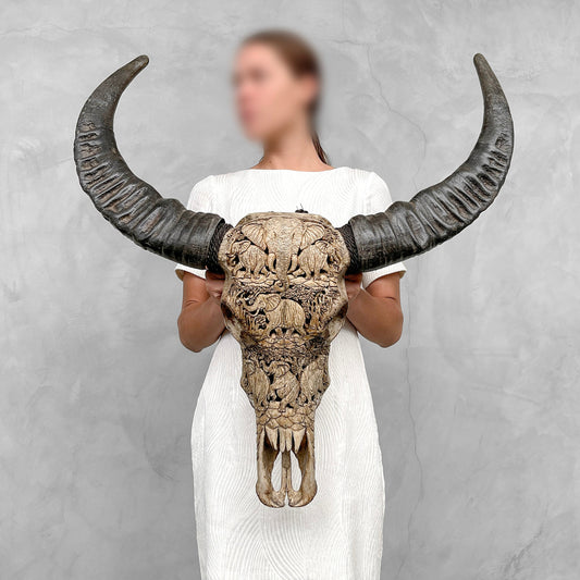 Éléphants rustiques | Crâne de Buffle Sculpté à la Main
