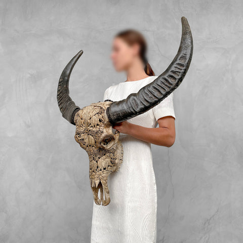 Éléphants rustiques | Crâne de Buffle Sculpté à la Main
