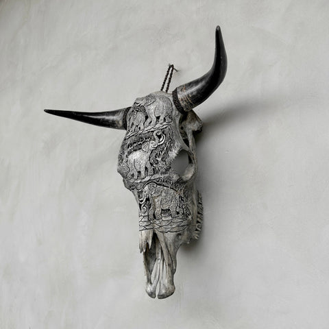 Crâne d'éléphant à défenses | Crânes de taureaux sculptés à la main
