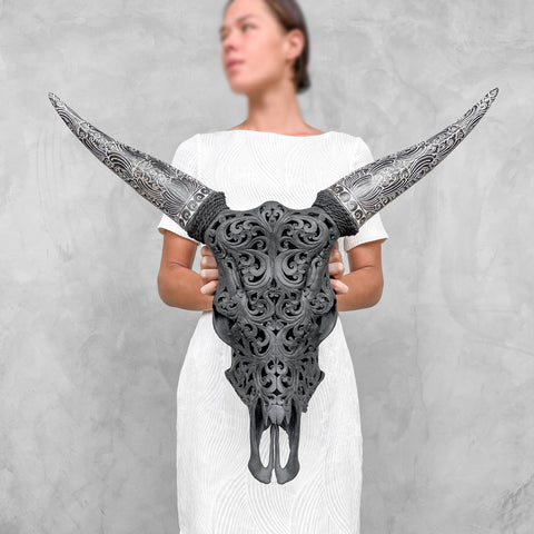 Feuille Boho | Crâne de Vache Sculpté à La Main