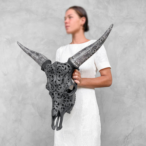 Feuille Boho | Crâne de Vache Sculpté à La Main