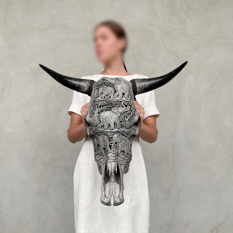 Crâne d'éléphant à défenses | Crânes de taureaux sculptés à la main