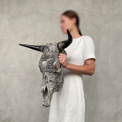 Crâne d'éléphant à défenses | Crânes de taureaux sculptés à la main