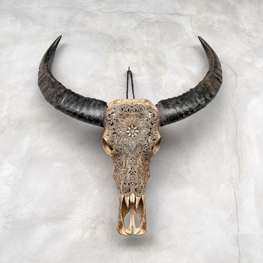 Fleur enchantée | Crâne de Buffle Sculpté à la Main