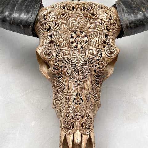 Fleur enchantée | Crâne de Buffle Sculpté à la Main