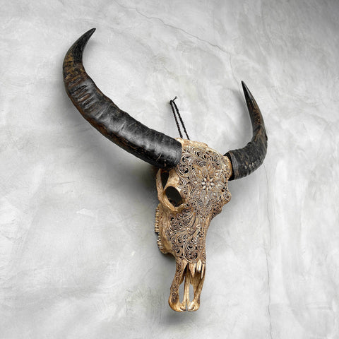Fleur enchantée | Crâne de Buffle Sculpté à la Main