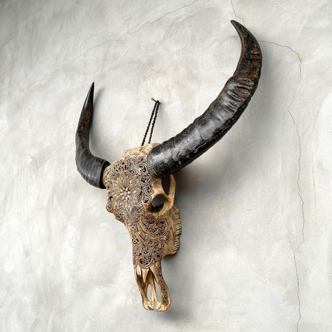 Fleur enchantée | Crâne de Buffle Sculpté à la Main