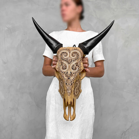 Crête flamboyante | Crâne de vache sculpté à la main