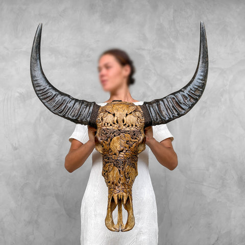 Troupeau d'éléphants | Crâne de Buffle Sculpté à la Main
